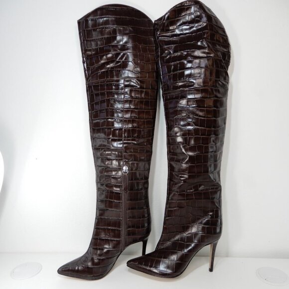 SCHUTZ Maryana Over The Knee OTK Boots Size 5 Chocolate Brown Croc Leather NEW - Picture 7 of 14